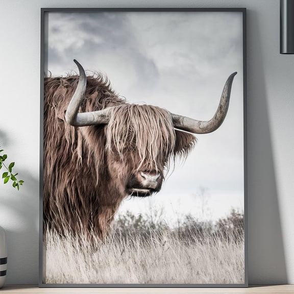 Winter Highland Cow Poster: Rustic Farmhouse Wall Art, Unframed Canvas 24x36in