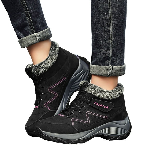 Winter Hiking Boots for Women Suede Hook and Loop Platform Snow Booties Trendy Furry Lined Anti Slip Sneakers