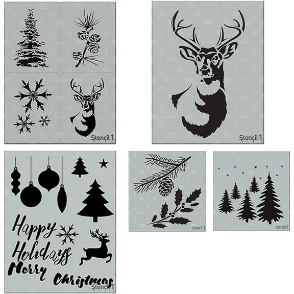 Winter Holiday 5 Pack Stencil Set, - Christmas, Winter Motifs, Paper Crafts -, Holly Evergreen Branches, Forest, Card Making 8 Pack, Antlered Deer, Laser Cut Mylar by Stencil1