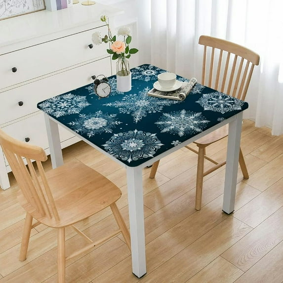 Winter Holiday Blue Vinyl Tablecloth with Flannel Backing, Crystal Snowflake Christmas Easy Care Wipe Clean Tablecloth