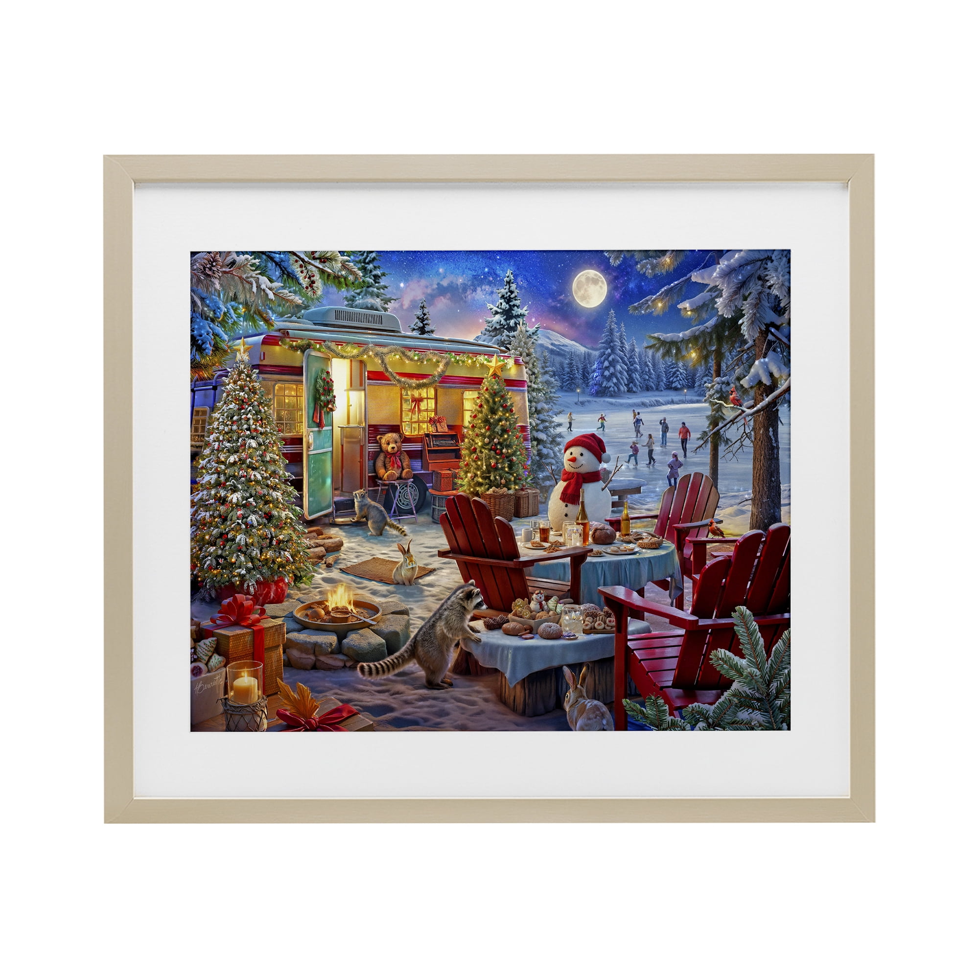 Winter Holiday Camper Party Birch Framed Print Under Glass, design by Henriette Chinaglia