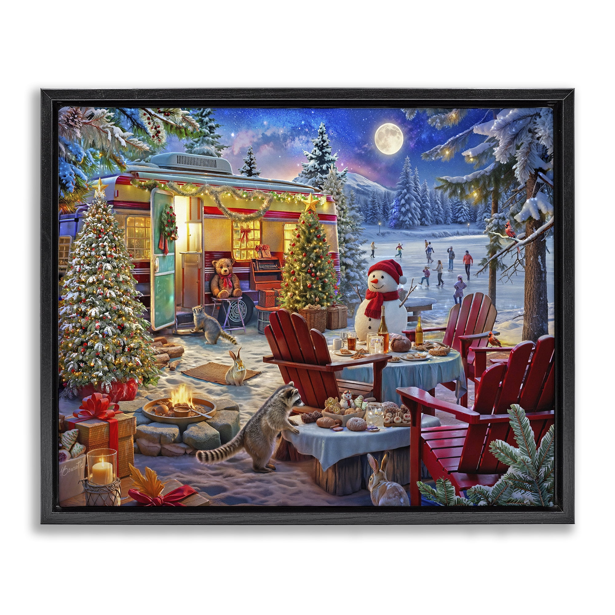 Winter Holiday Camper Party Black Framed Floater Canvas Wall Art, design by Henriette Chinaglia