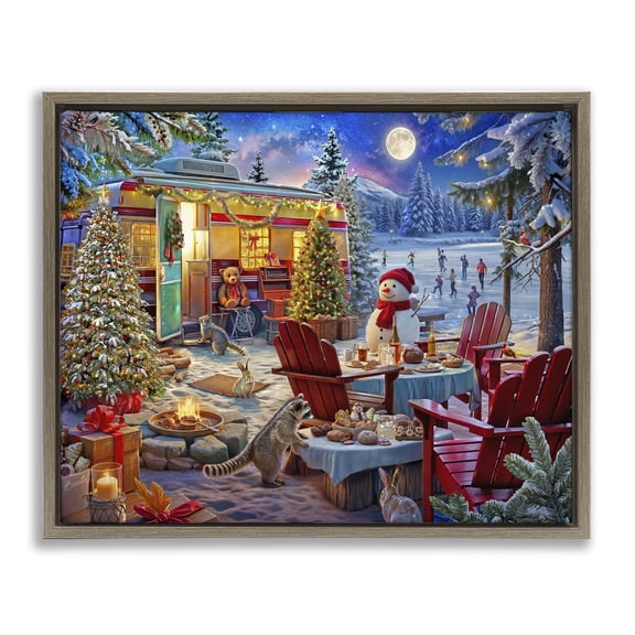 Winter Holiday Camper Party Brown Framed Floater Canvas Wall Art, design by Henriette Chinaglia