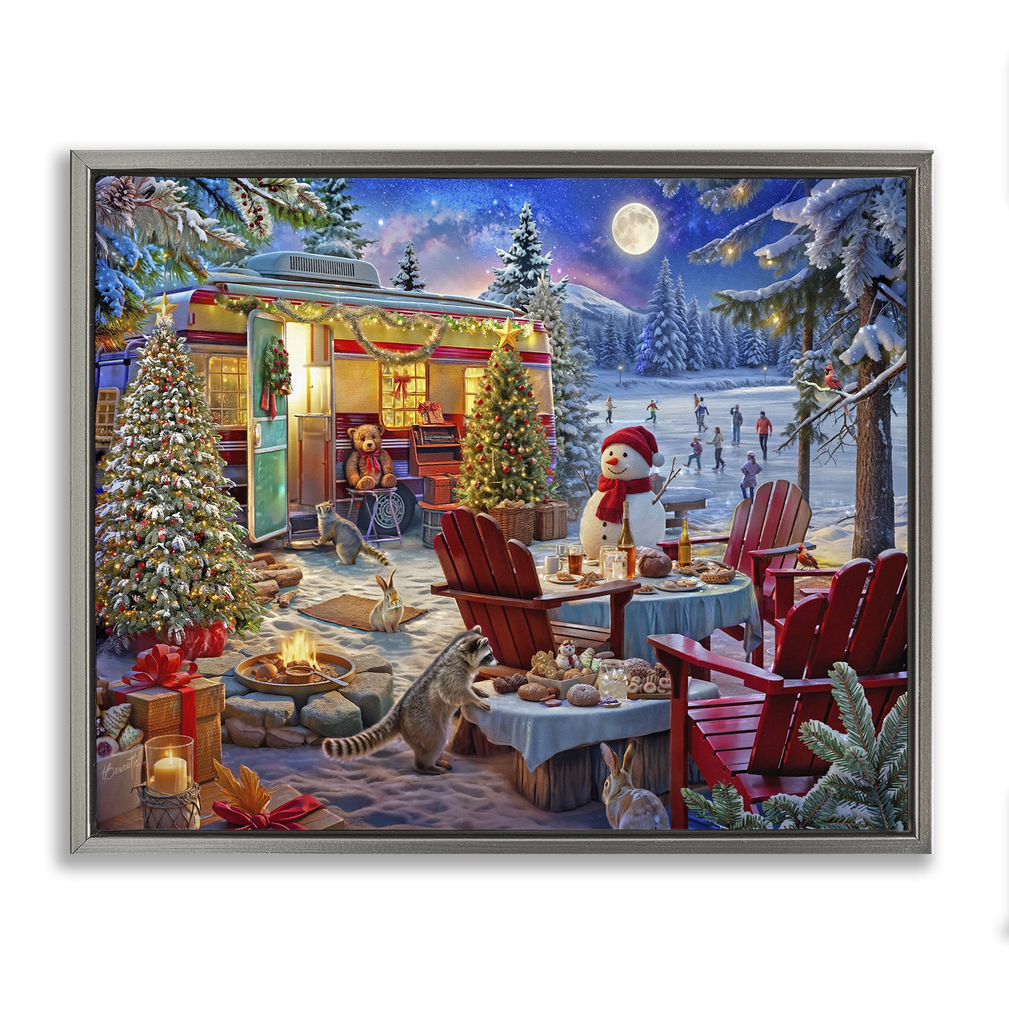 Winter Holiday Camper Party Gray Framed Floater Canvas Wall Art, design by Henriette Chinaglia