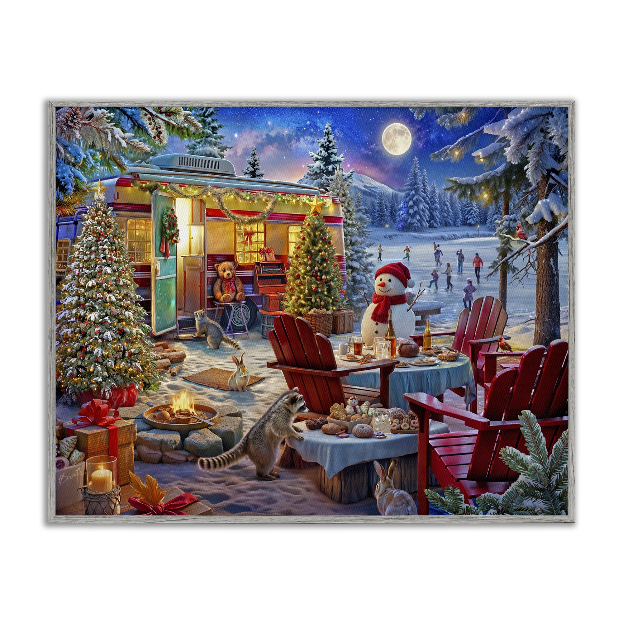 Winter Holiday Camper Party Gray Framed Giclee Art, design by Henriette Chinaglia
