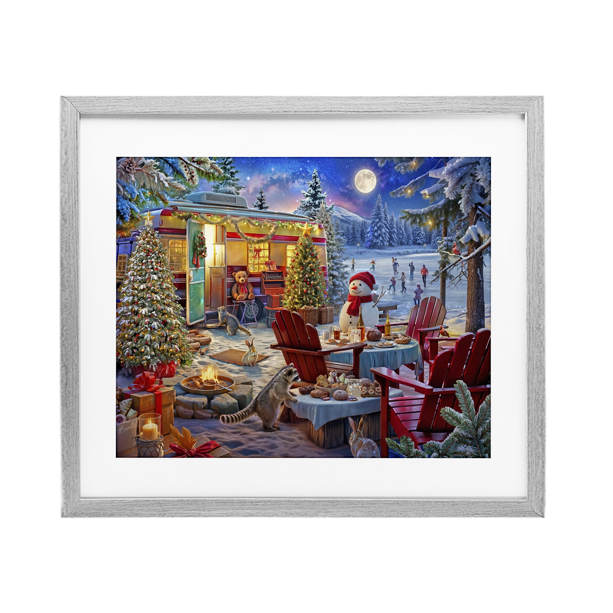 Winter Holiday Camper Party Gray Framed Print Under Glass, design by Henriette Chinaglia