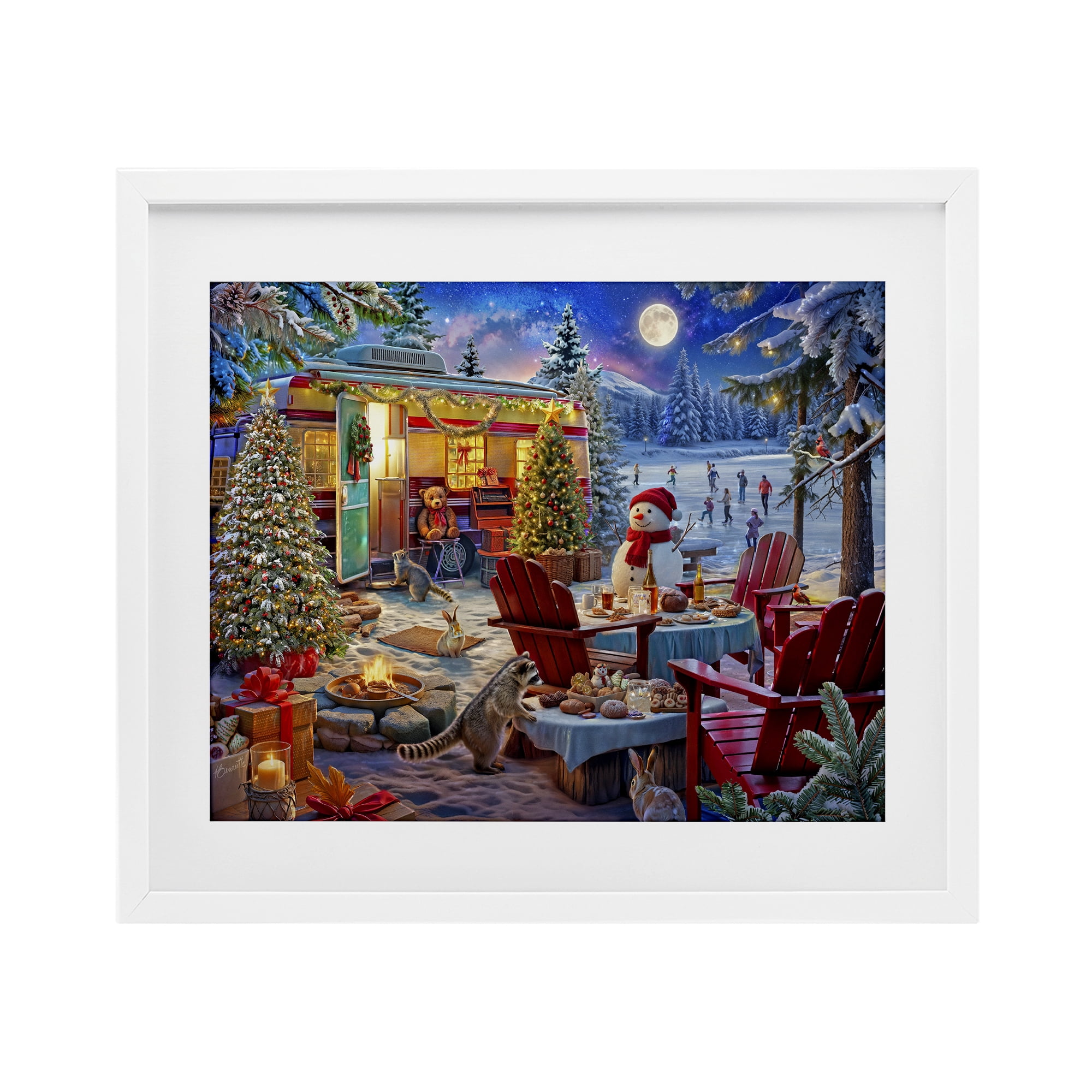 Winter Holiday Camper Party White Framed Print Under Glass, design by Henriette Chinaglia
