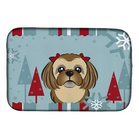 Winter Holiday Chocolate Brown Shih Tzu Dish Drying Mat