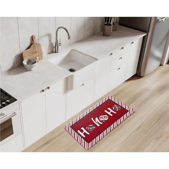 Serafina Home Winter Holiday Christmas Kitchen Mat- Red HO HO HO Design with Candy Cane Border and Ornament Design- 17" x 28" Cushioned Anti-Fatigue Comfort Floor Mat