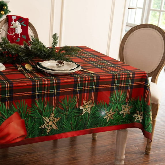 Winter Holiday Christmas Tablecloth, Plaid Printed Fabric Table Cloth, Stain Release Table Cover for Xmas/Dinner Party Decoration (60 X 102 INCH, Rectangle)