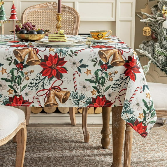 Winter Holiday Christmas Tablecloth, Red Flowers Bells Table Cloth, Waterproof Table Cover for Xmas/Dinner Party Decoration (60 X 84 INCH,Rectangle)