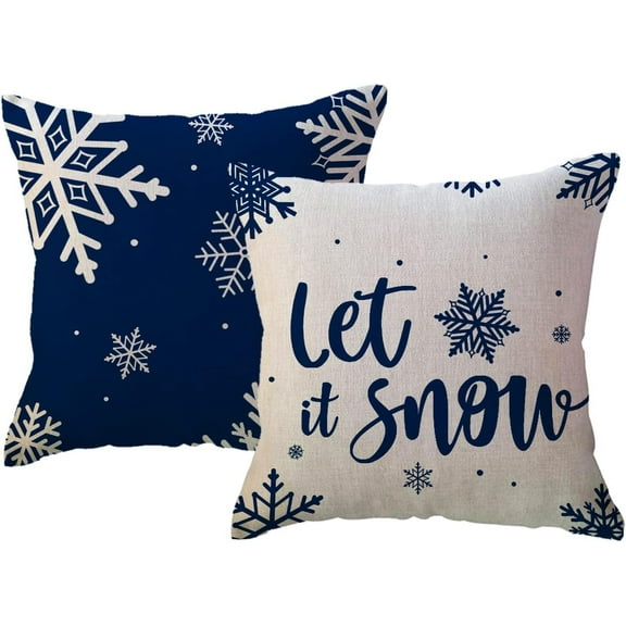 Winter Holiday Decor Throw Pillow Cover Set of 2 Farmhouse Christmas Decorations Snowflake/Let It Snow Winter Decorative Cushion Covers for Sofa/Couch/Porch (Blue, 18"×18")