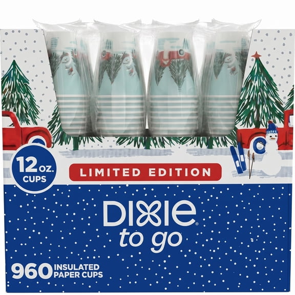 Winter Holiday Disposable Paper Cups, 12 Oz, Christmas Tree Red Truck Snowman, 960 Count