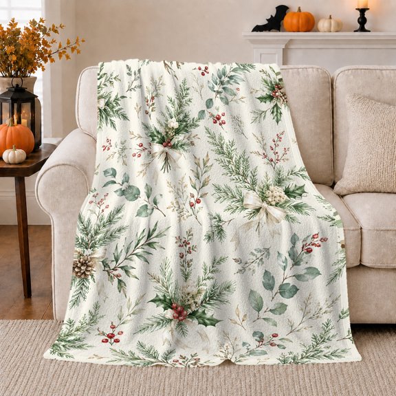 Winter Holiday Evergreen Botanical Watercolor Print, Festive Holiday Scene, Warm Flannel Blanket for Living Room and Reading Nook, Art Lovers Christmas Gift, Festive Home Decor