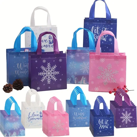 Winter Holiday Gift Bags 12/30pcs Christmas Snowflake Print Gift Bags - Durable Non-Woven Tote for Party Favors, Birthday Presents & Shopping - Foldable Holiday Season