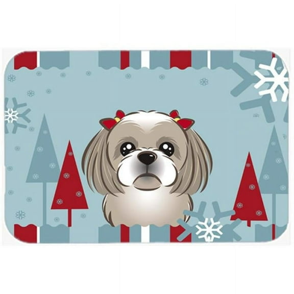 Winter Holiday Gray Silver Shih Tzu Glass Cutting Board Large