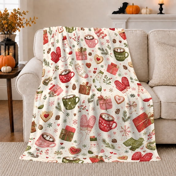 Winter Holiday Mugs Mittens, Festive Holiday Scene, Warm Flannel Blanket for Living Room and Reading Nook with Detailed Artwork, Art Lovers Christmas Gift, Festive Home Decor
