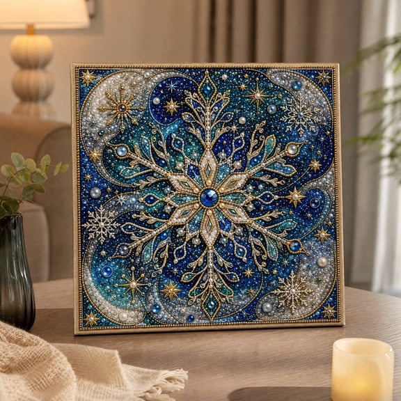 Winter Holiday Pearl Bead Painting DIY Kit, Detailed Ornate Snowflake with Star and Moon Elements, Complete Material Set for Christmas Home Wall Art Decoration