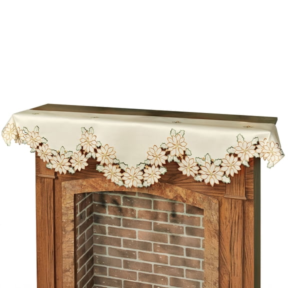 Winter Holiday Poinsettia Ivory Mantel Scarf for Christmas Fireplace Mantle or Wall Shelf
