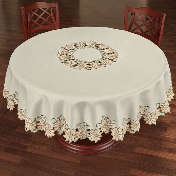 Winter Holiday Poinsettia Ivory Round Tablecloth, Handcrafted Cutwork Embroidered Flowers