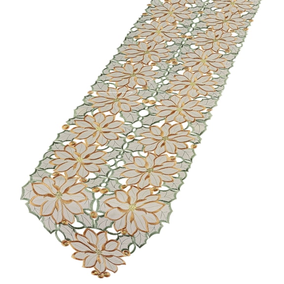 Winter Holiday Poinsettia Ivory Table Runner with Handcrafted Cutwork Embroidered Flowers