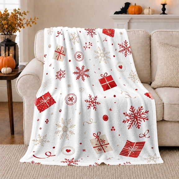 Winter Holiday Scattered Snowflake Box Red White Design, Festive Holiday Scene, Warm Flannel Blanket for Living Room and Reading Nook, Art Lovers Christmas Gift, Festive Home Decor