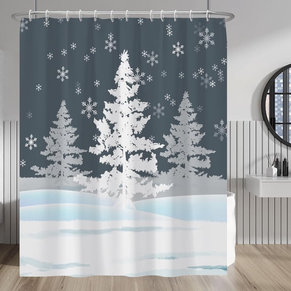 Winter Holiday Shower Curtains White Christmas Trees Snowflake Merry Christmas Xmas Night Shower Curtain Set with Hooks Polyester Fabric Waterproof for Farmhouse Bathroom 72x84 Inches