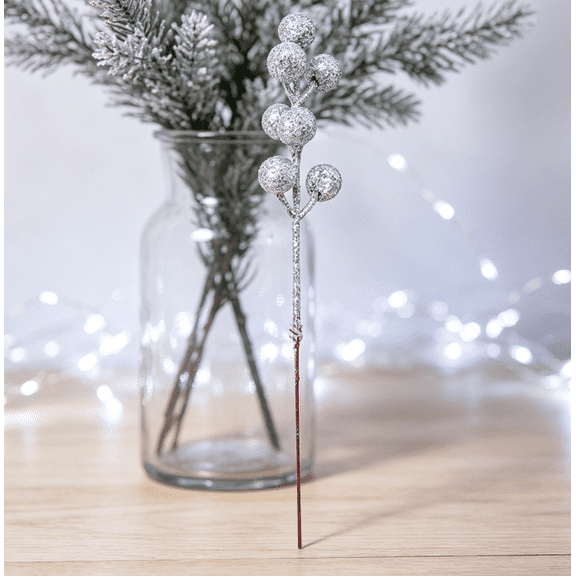 Winter Holiday Silver Glitter Berry Picks 7‑Head Artificial Berry Stems for Christmas Garland Wreath Bouquet and Indoor Decor Projects (1Pc|Silver)
