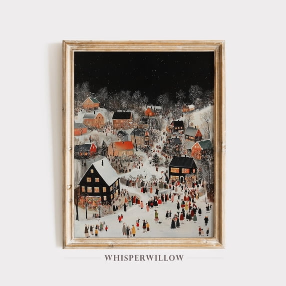 Starryskye Winter Holiday Village Night Scene Painting Print, Starry Sky ...