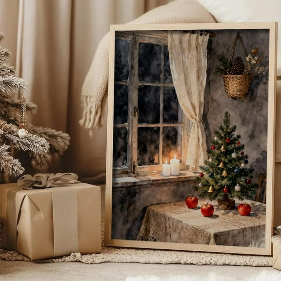 Winter Holiday Window Poster Rustic Farmhouse Holiday Decor Home Decor, 24x36 UNFRAMED