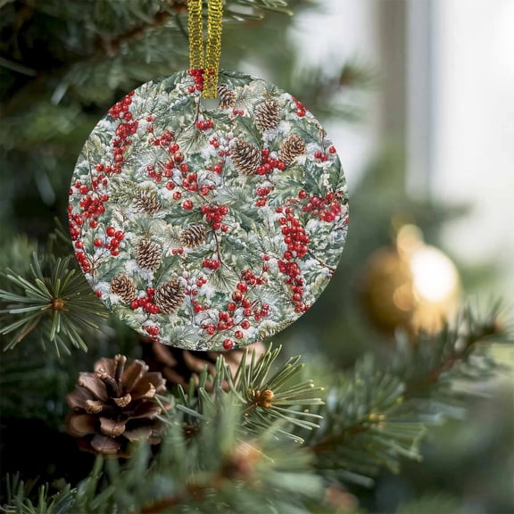 Winter Holly Berry Pine Cone Christmas Ceramic Ornament 2026,3" Round Xmas Tree Hanging Accessories with Gold Ribbon,Farmhouse Christmas Botanical Pendant Ornaments for Holiday Gift Home Party Decor