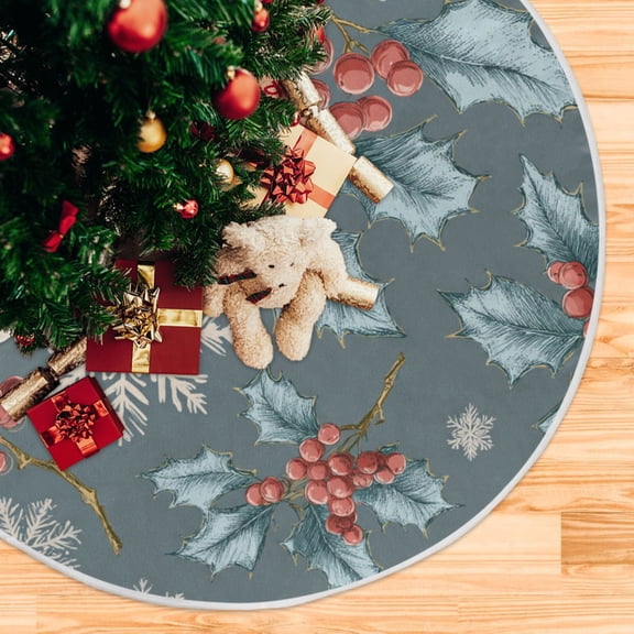 Winter Holly Leaves Berries Snow Christmas Christmas Tree Skirt Opening Design Floor Mat Holiday Decor 35 inch
