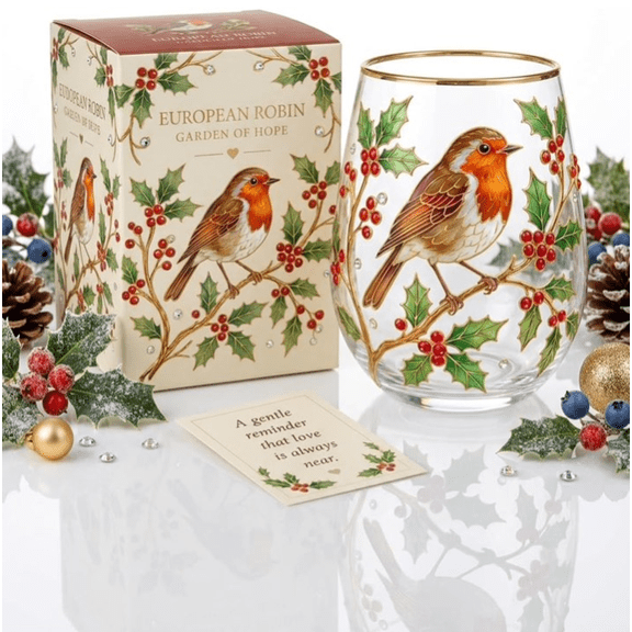 Winter Holly & Robin Glass Tea Cup, 14 oz Elegant Gold Rim Clear Cup, Stemless Mug for Hot Cold Beverages, Decorative Art Glassware Gift for Mom Wife