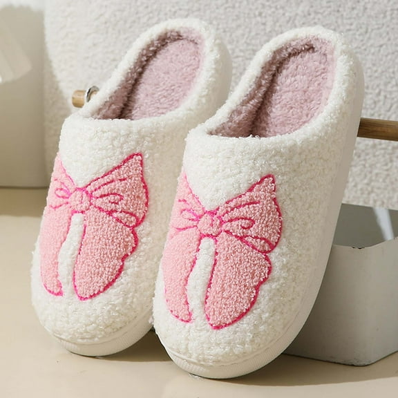 Winter Home Cute Cartoon Bowtie Slippers Men And Women Couple Models Warm Indoor Slippers Bowknot Cute Pattern Slippers Pink CN：42(US:9)