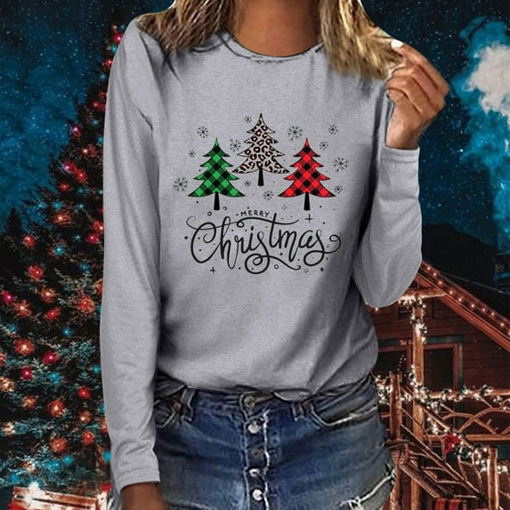 Winter Home Picks Juebong Ladies MERRY CHRISTMAS Plaid Print Christmas Tree Casual Long Sleeve Round Neck Top T-shirt,Gray,XL