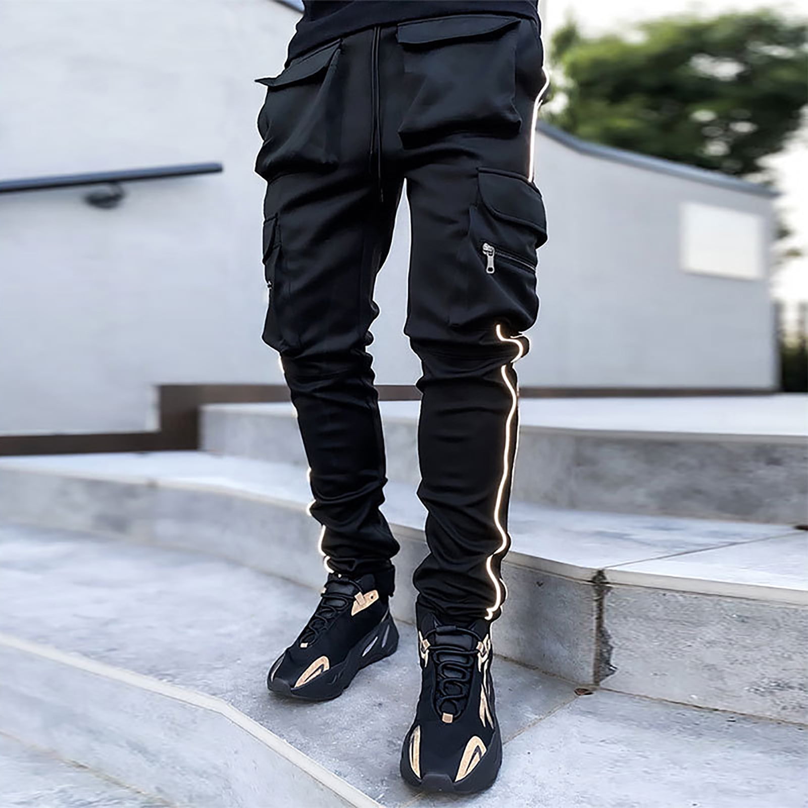 Men's new black multi-pocket pants with drawstring design hip-hop