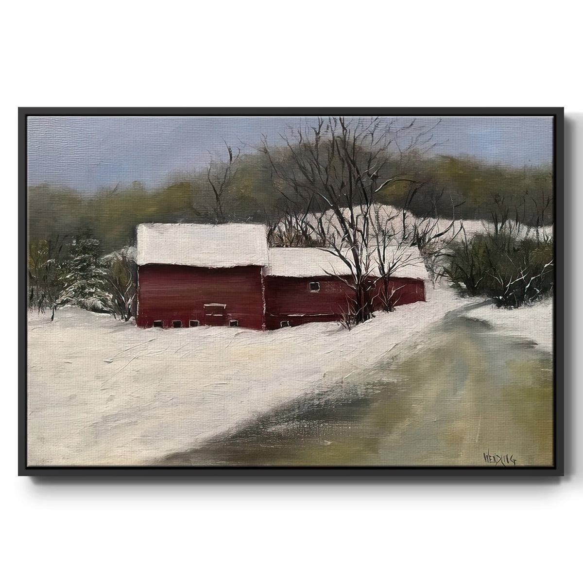 Winter Homestead II - Framed Gallery Wrapped Holiday Canvas - 27 x 41 - Black Frame