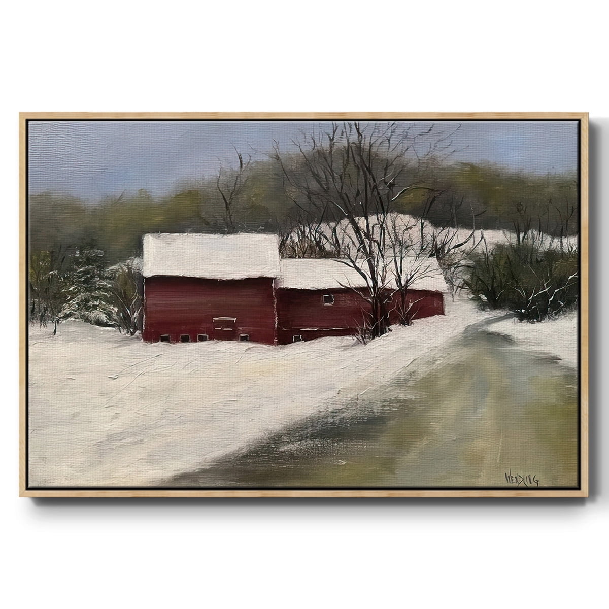 Winter Homestead II - Framed Gallery Wrapped Holiday Canvas - 27 x 41 - Natural Wood Frame