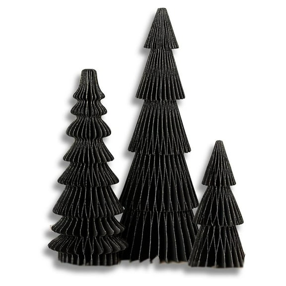 Winter Honeycomb Paper Trees - Set of 3 Black Minimalist Holiday Decor, Bookshelf Accents, Vintage Mantel Display, Gift Idea