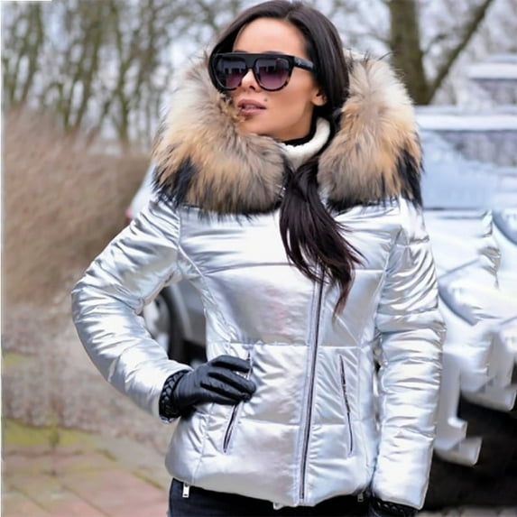 Winter Hooded Down Jacket Warm Overcoat (M, Silver)