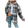 thumbnail image 1 of Winter Hooded Jacket for Women Womens Woolen Jacket Fashion Plaid Print Button Down Shirts Coat Long Sleeve Loose Comfy Flannel Shacket Outwear Hooded Jacket Under $5, 1 of 4