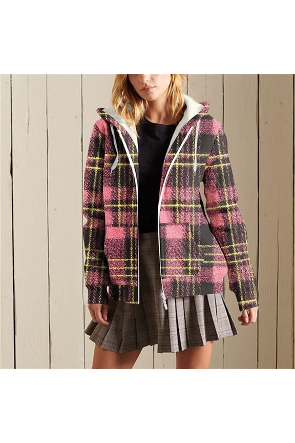 Winter Hooded Jackets for Women Trendy Plaid Long Sleeve Coats Warm Flannel Shacket Casual Zip up Outerwear New Style B-1 Pinky S