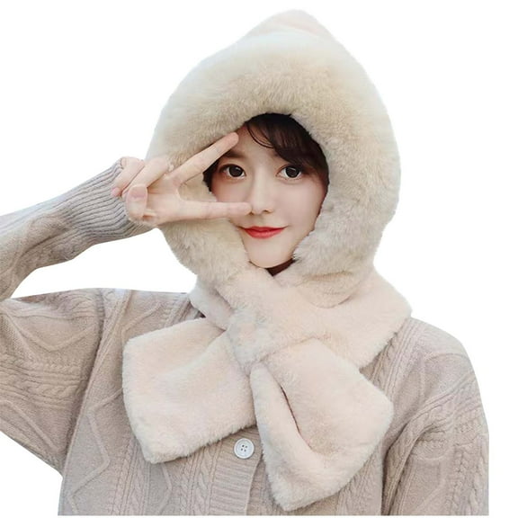 Winter Hooded Scarf for Women Cold Weather Fleece One Piece Slouchy Ear Hoodie Hat Warm Outdoor Fluffy Scarves
