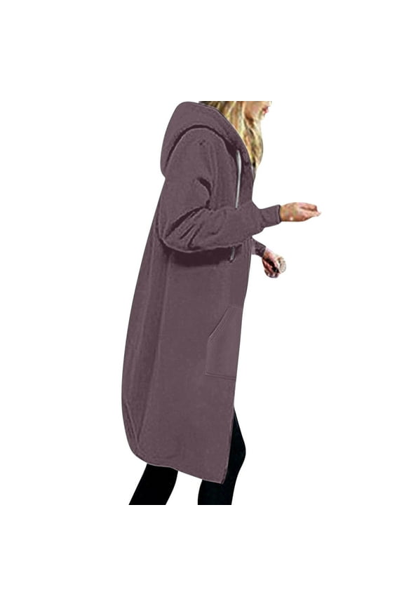 Winter Hoodies Coats for Women Plus Size S-5X Long Sleeve Fleece Lined Jackets with Pockets Casual Solid Knee Length Warm Sweatshirts Coat