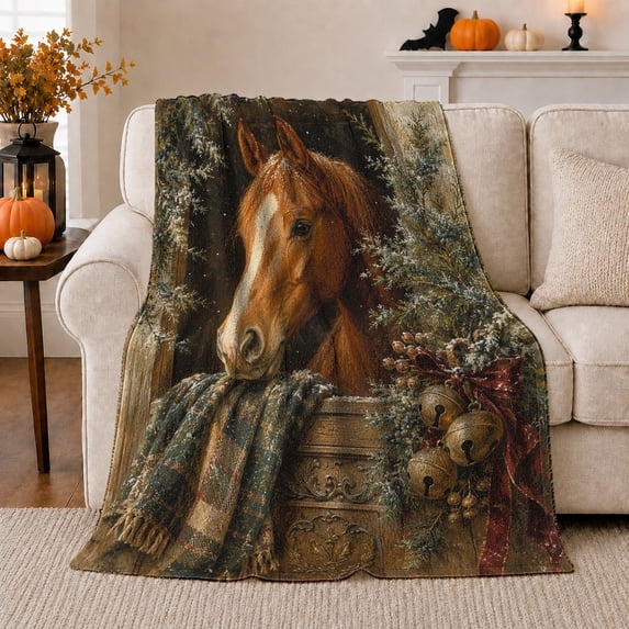 Winter Horse Holiday Scene Vintage Farm Animal Illustration, Festive Holiday Scene, Warm Flannel Blanket for Ranch House and Living Room, Horse Lovers Friendship Gift, Rustic Home Decor
