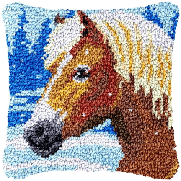 Winter Horse Latch Hook Kits Pillow Cover DIY Rug Making Crochet Hook Cushion Making Kits with Preprinted Pattern Canvas DIY Needlework Crochet Kits Sofa Decor 43x43cm