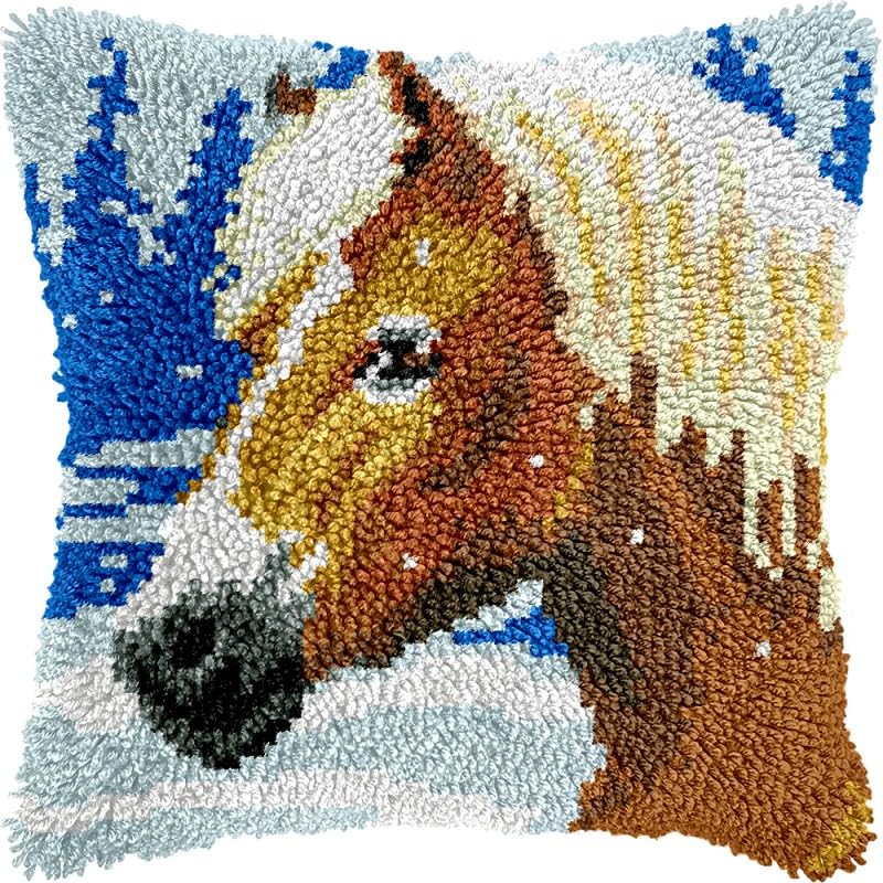Winter Horse Latch Hook Pillow Kits Pillow Cover with Pattern Printed Canvas Crochet Cross Hooking Pillowcase Cushion Crafts Embroidery Latch Hooking Crochet Kits 17x17 inch(95)