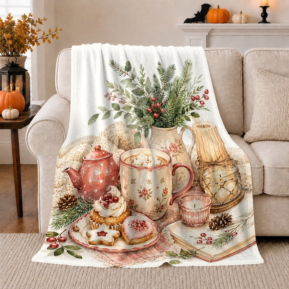 Winter Hot Cocoa Scene Cookies Pinecones Painterly Still, Festive Holiday Scene, Warm Flannel Blanket for Kitchen and Dining Room, Art Lovers Birthday Gift, Festive Home Decor