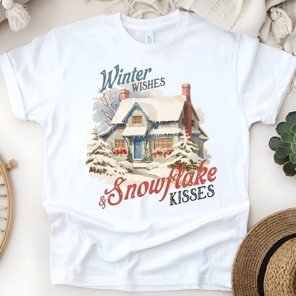Winter House Graphic T-Shirt | Cozy Snow Scene Tee for Men Women Kids, White, Size 3XL