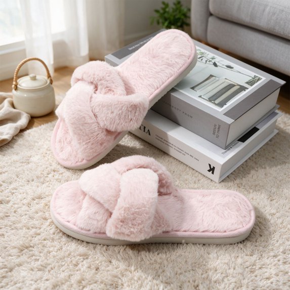 Winter House Slippers, Memory Foam Fuzzy Slippers for Women,Open Toe House Shoes | Faux Fur Cross Band,Indoor Outdoor Slippers, Anti-Slip, Comfy, Cozy, Fluffy, Gifts for Women, Mom Bride Bridesmaids